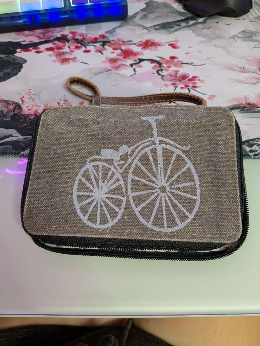 Mona B Wristlet Wallet Brown Upcycled Canvas Vintage Bicycle 1889‎ Graphic
